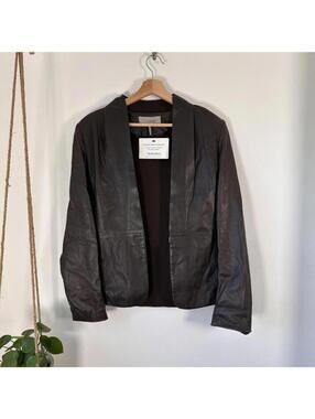 Halston Heritage Leather Blazer Jacket Brown Rib Knit Back Women's 2